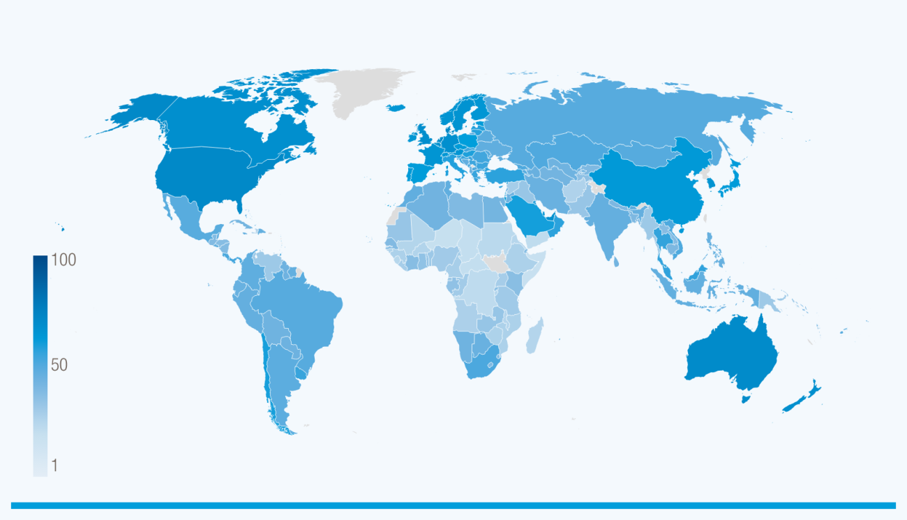 A map showing country and regional scores on the Productive Capacities Index for 2024